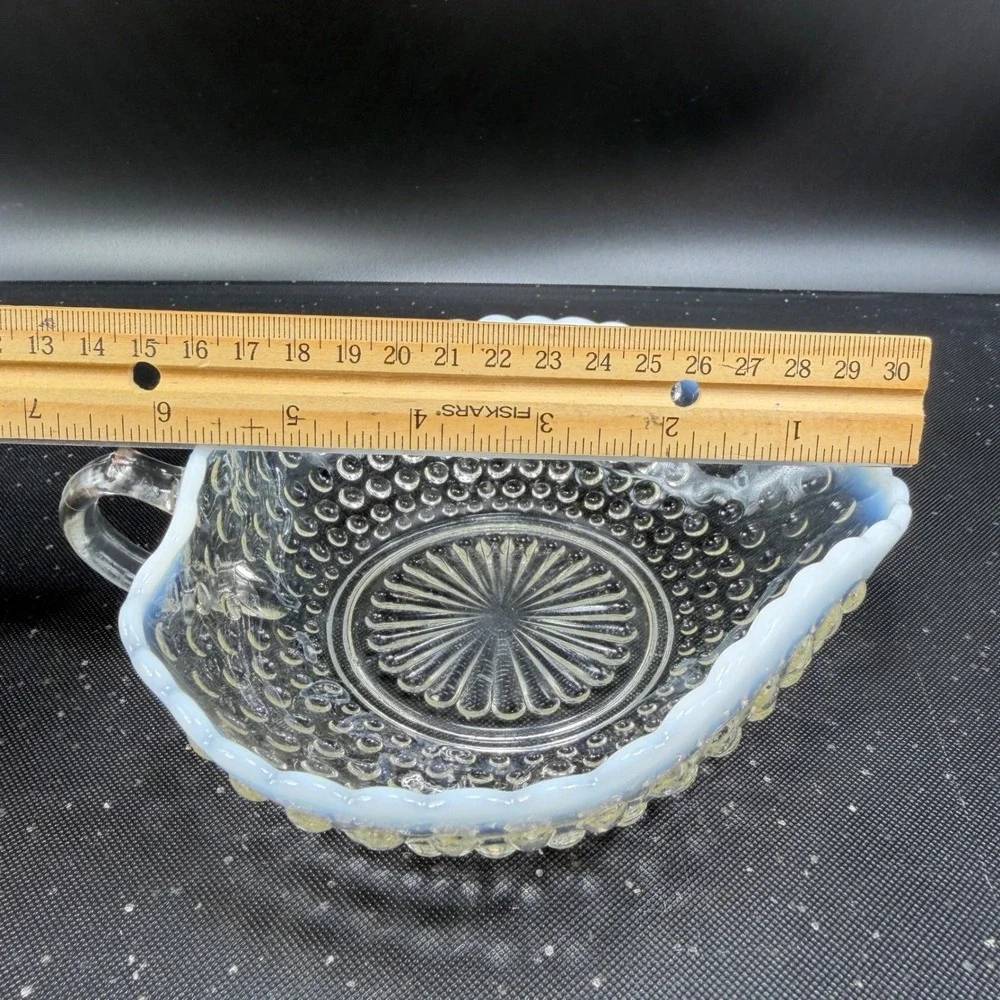 Anchor Hocking Moonstone Hobnail Opalescent Glass Bowl Ruffled Edge W‎ Handle